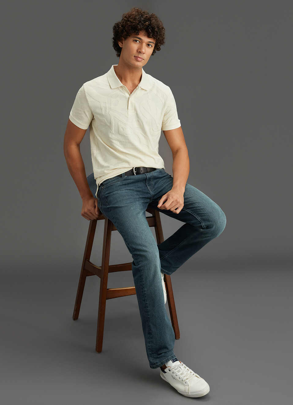 Men Ivory White Tonal Abstract Short Sleeve Polo, , large image number 2