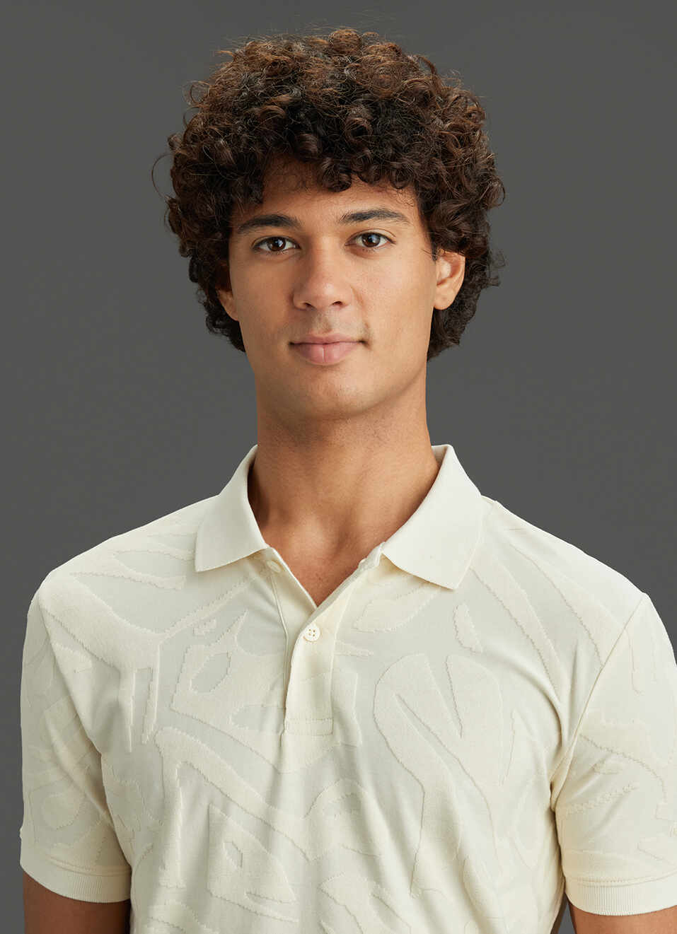 Men Ivory White Tonal Abstract Short Sleeve Polo, , large image number 4