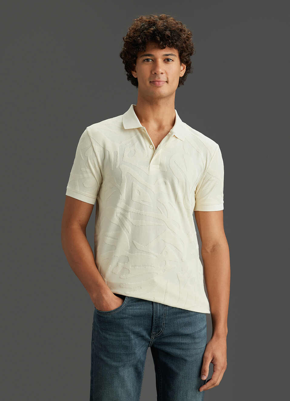 Men Ivory White Tonal Abstract Short Sleeve Polo, , large image number 5