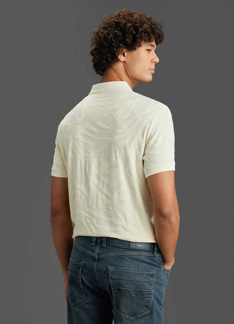 Men Ivory White Tonal Abstract Short Sleeve Polo, , large image number 6
