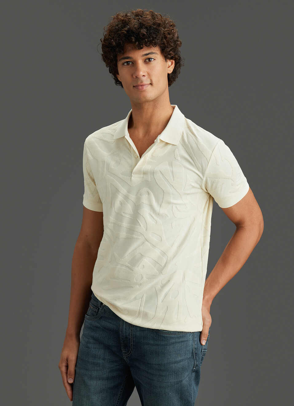 Men Ivory White Tonal Abstract Short Sleeve Polo, , large image number 7