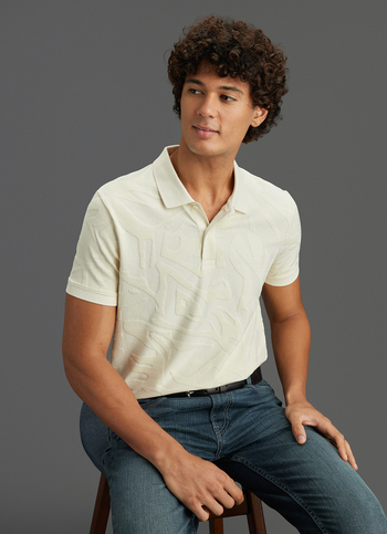 Men Ivory White Tonal Abstract Short Sleeve Polo