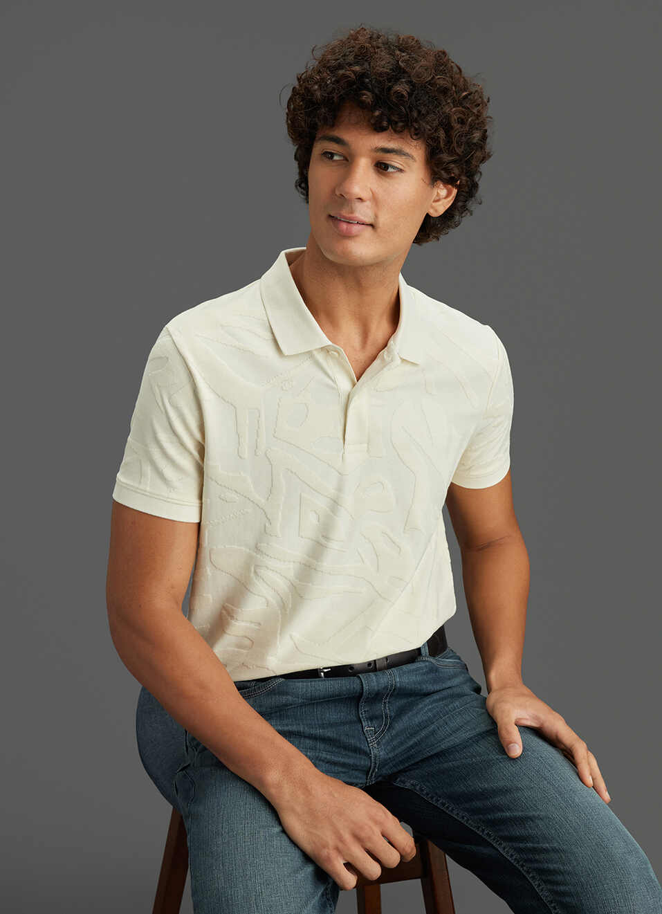 Men Ivory White Tonal Abstract Short Sleeve Polo, , large image number 0