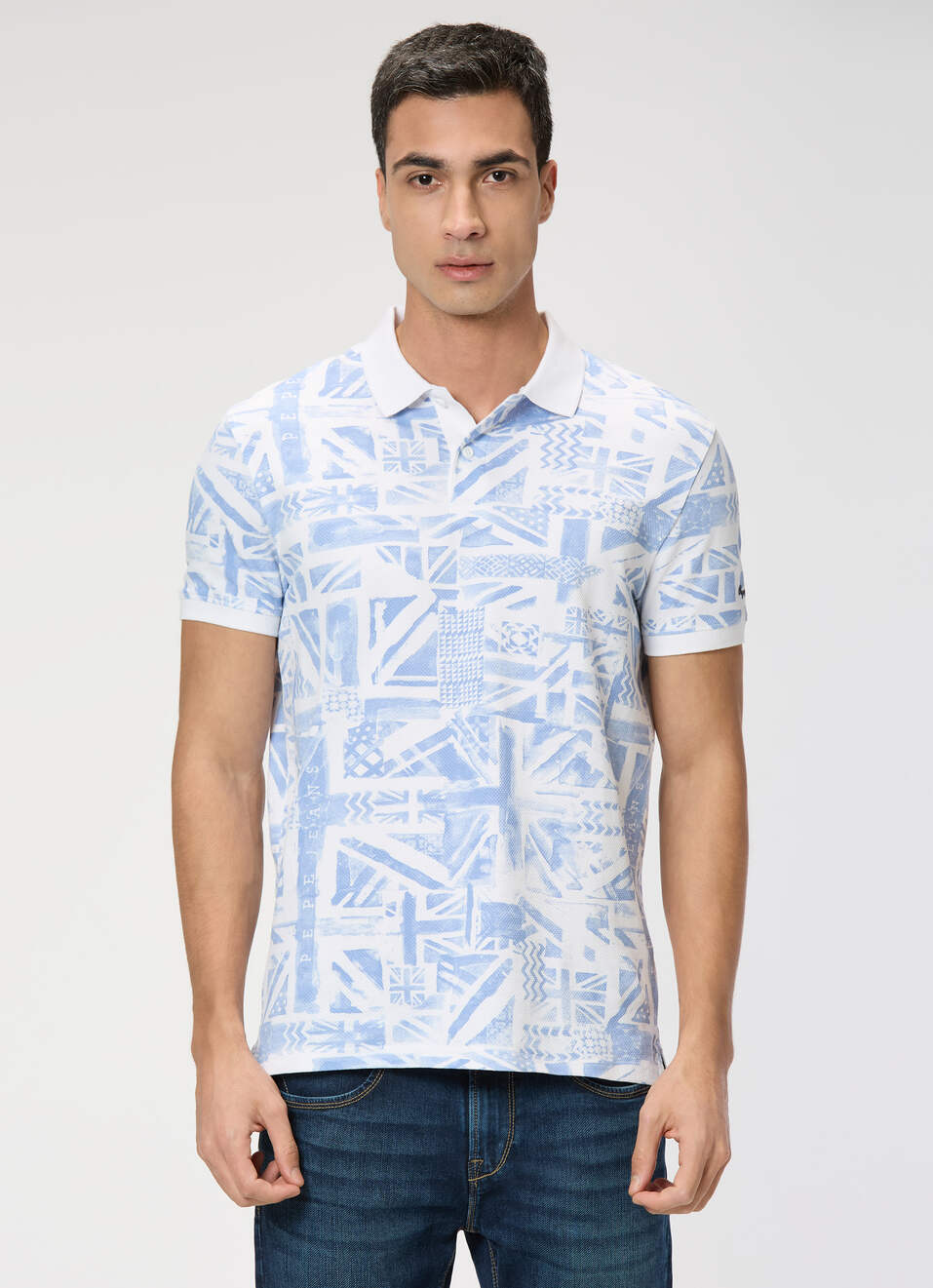 Men Sky Blue Printed Polo Collar T-shirt, , large image number 1