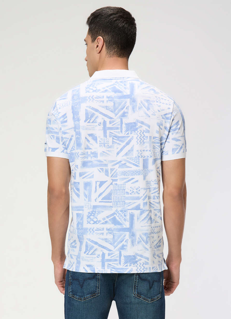 Men Sky Blue Printed Polo Collar T-shirt, , large image number 2