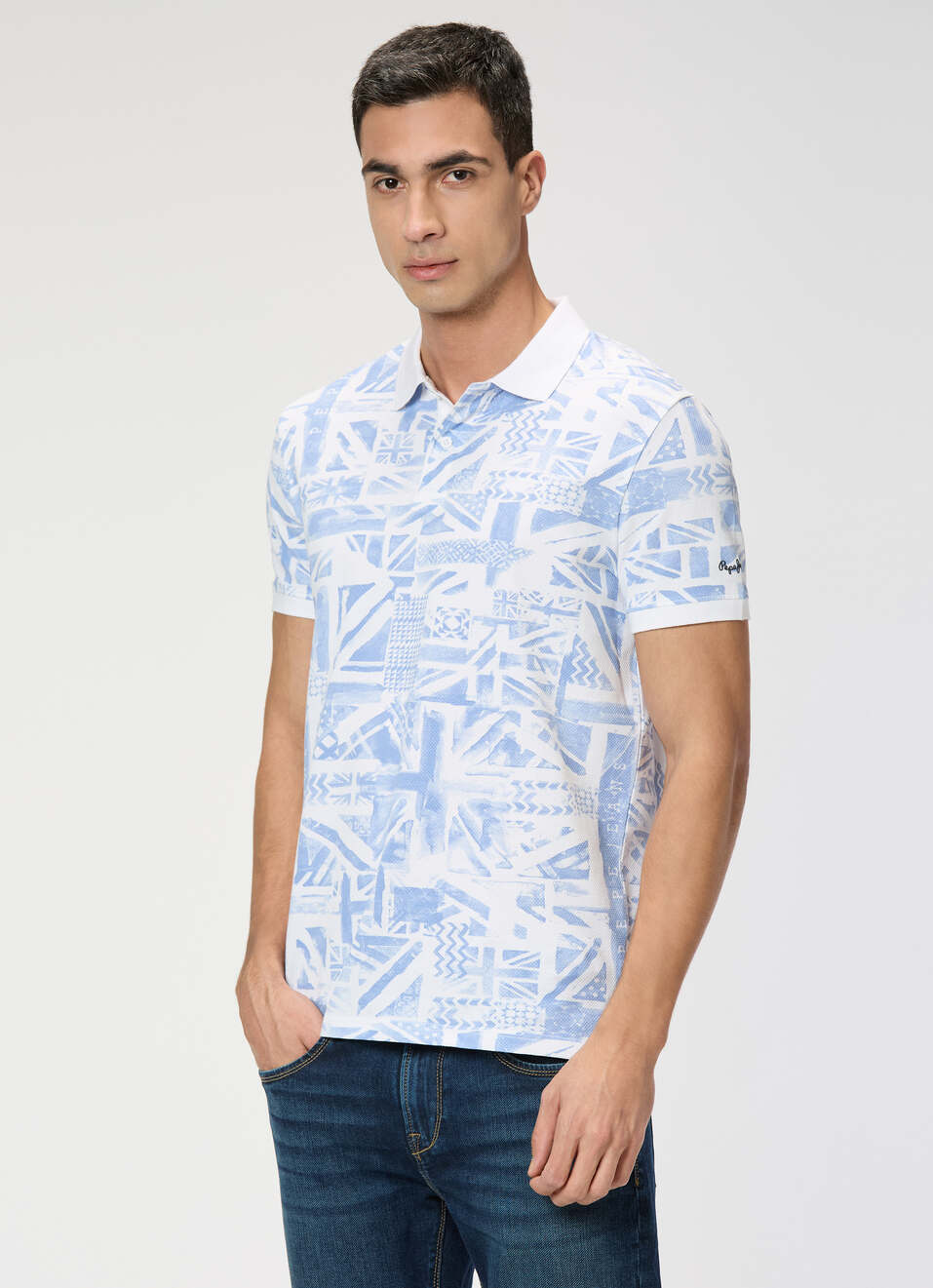 Men Sky Blue Printed Polo Collar T-shirt, , large image number 3