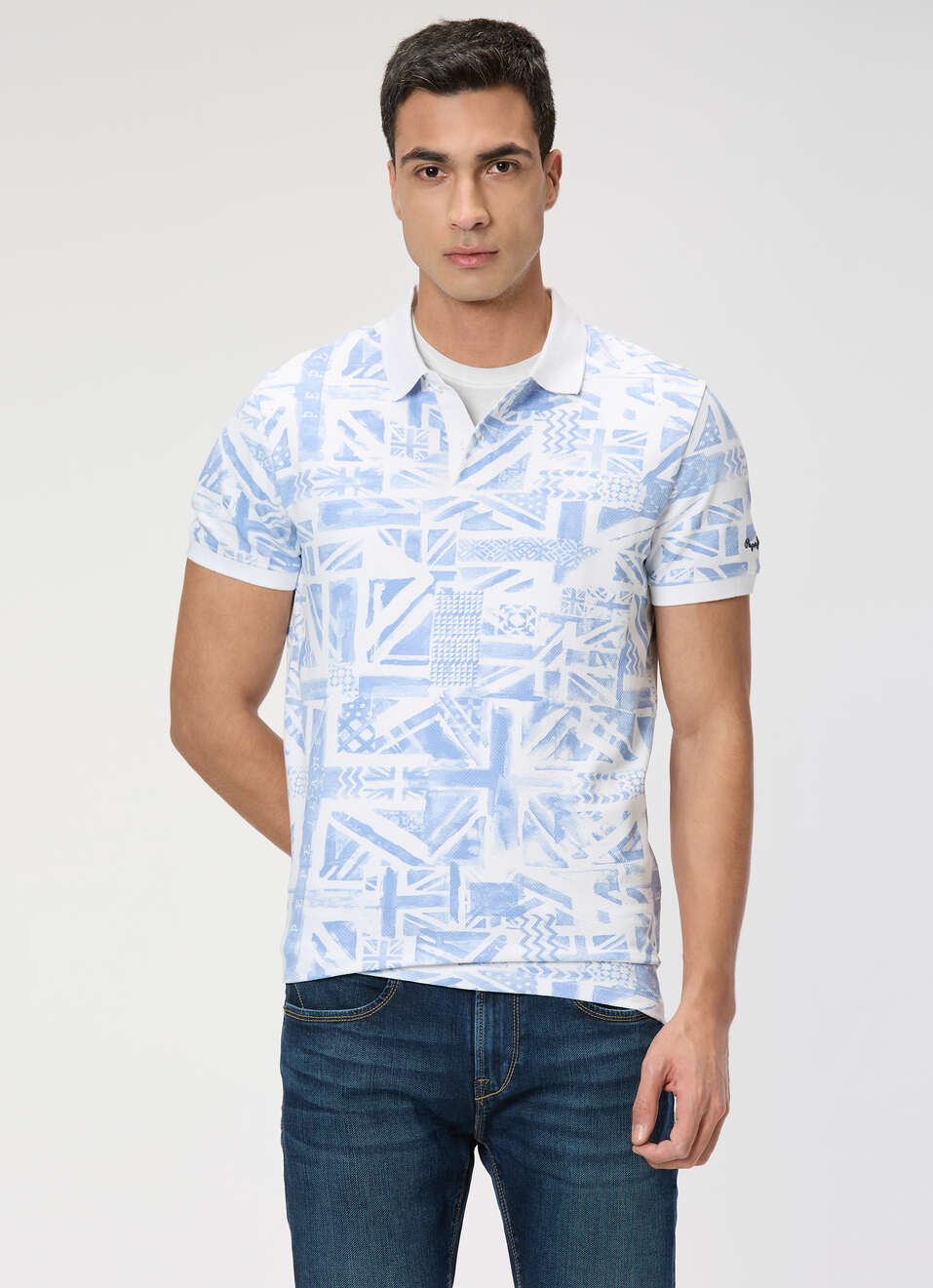 Men Sky Blue Printed Polo Collar T-shirt, , large image number 0