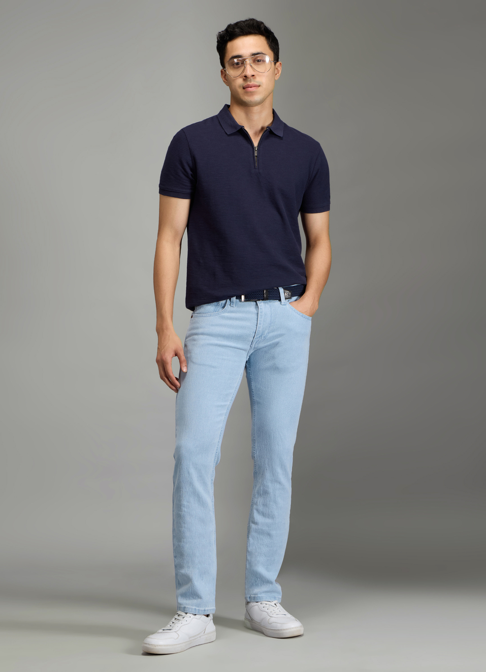 Men Navy Striped Regular Fit Polo Collar T-shirt, , large image number 2