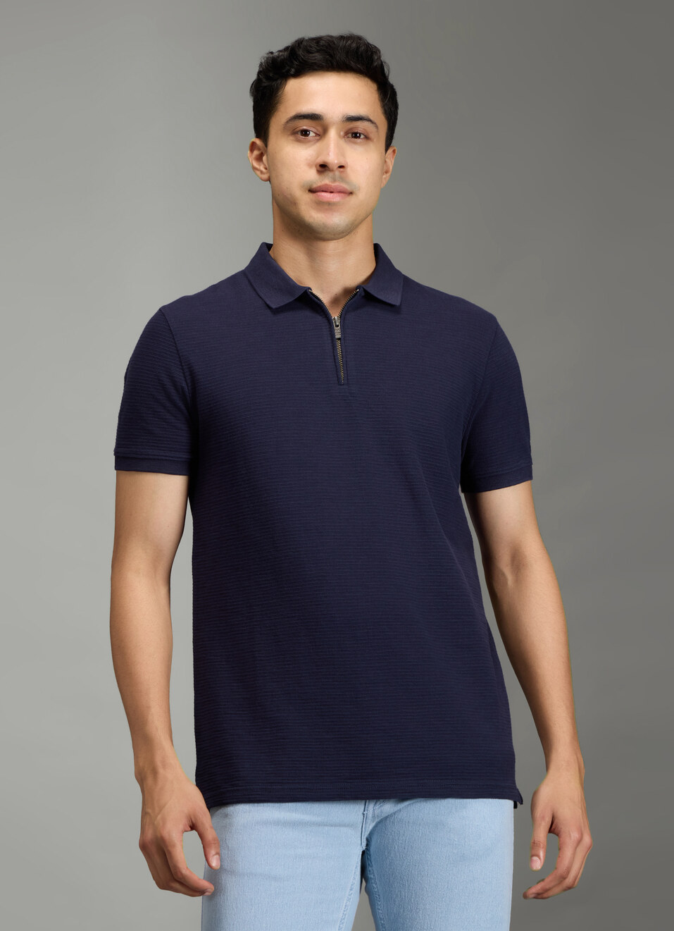 Men Navy Striped Regular Fit Polo Collar T-shirt, , large image number 5