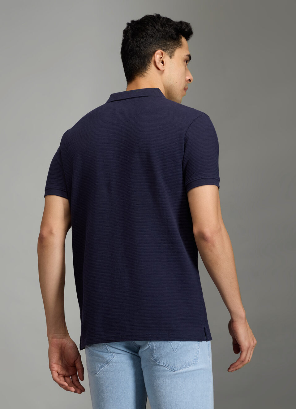 Men Navy Striped Regular Fit Polo Collar T-shirt, , large image number 6