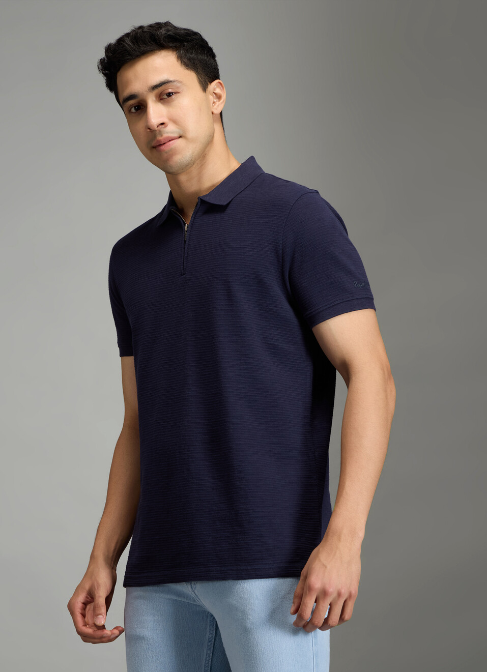 Men Navy Striped Regular Fit Polo Collar T-shirt, , large image number 7