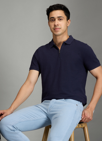Men Navy Striped Regular Fit Polo Collar T-shirt