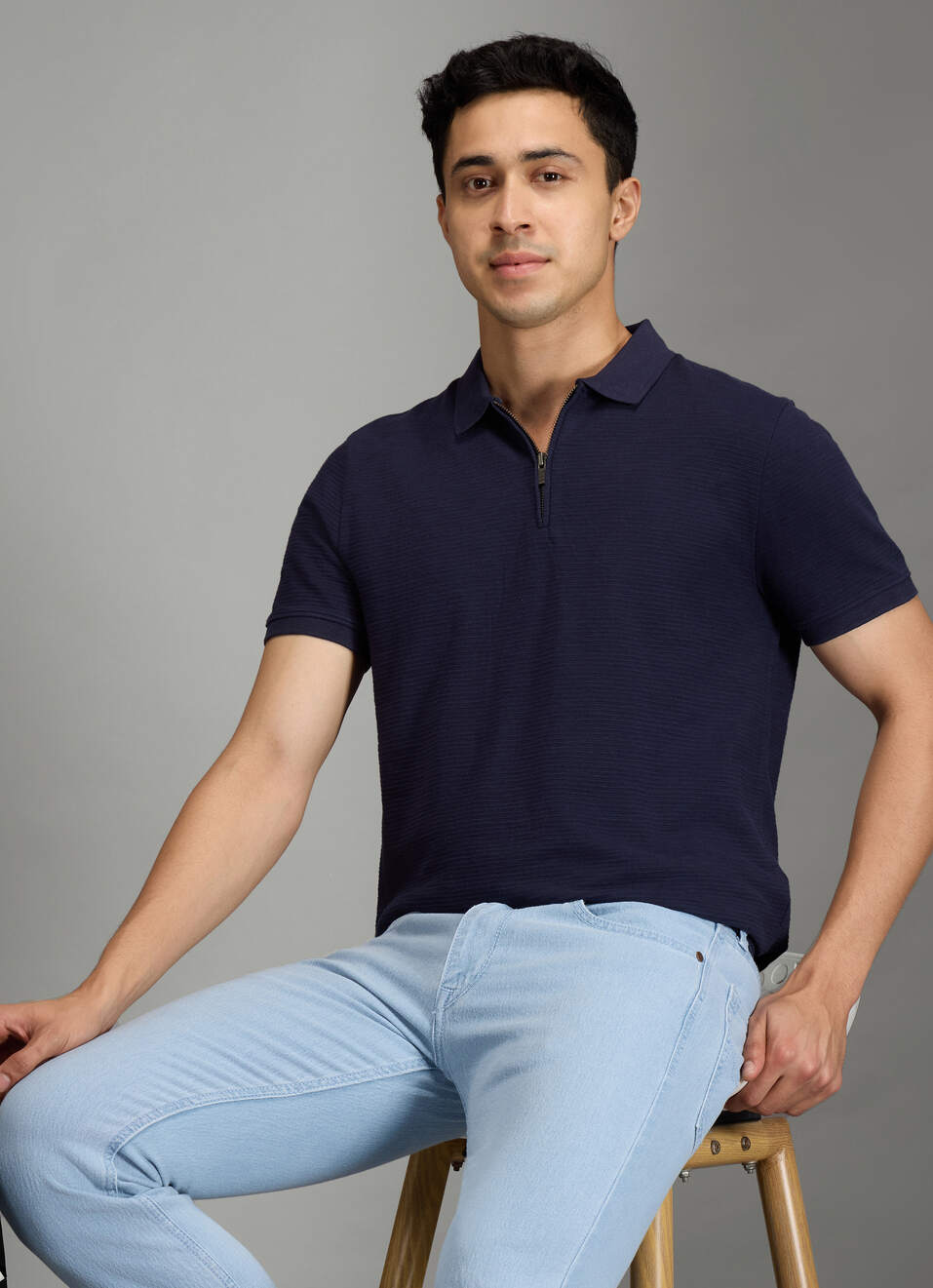 Men Navy Striped Regular Fit Polo Collar T-shirt, , large image number 0