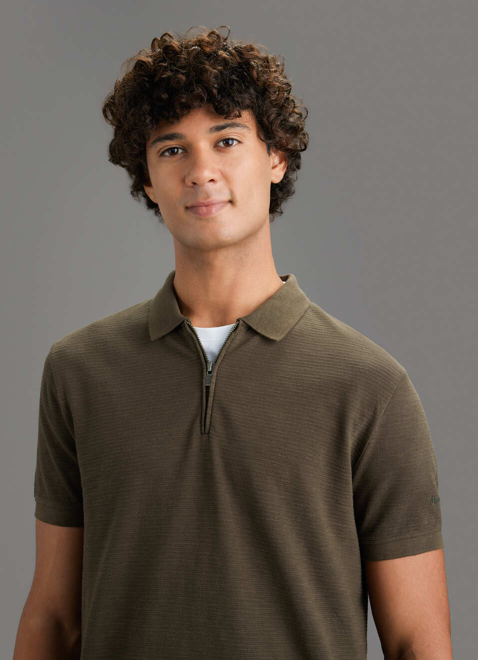 Men Olive Green Solid Half Zip Short Sleeve Polo, , large image number 4