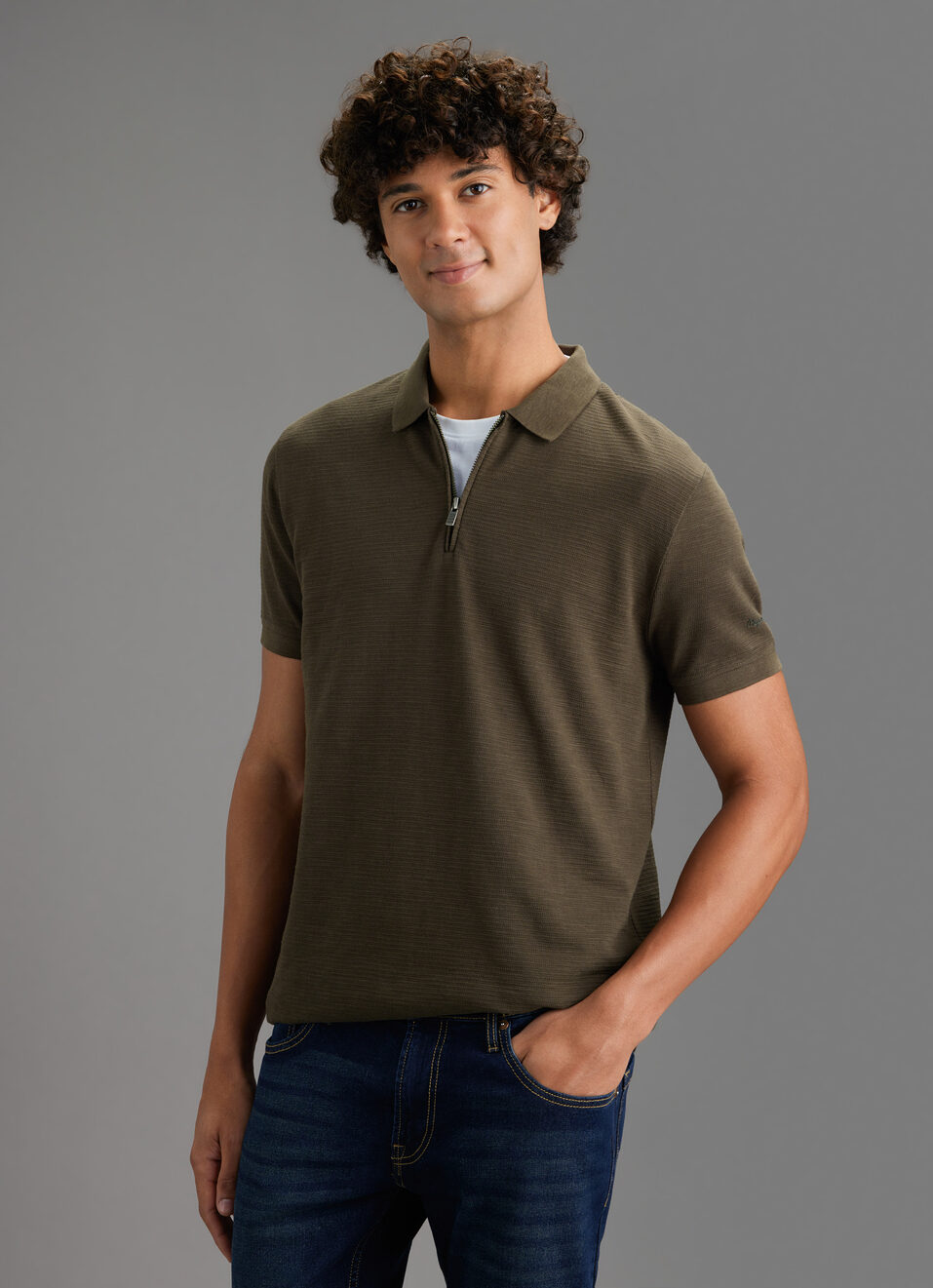 Men Olive Green Solid Half Zip Short Sleeve Polo, , large image number 7