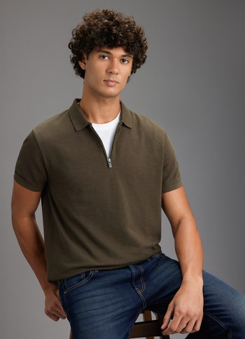 Men Olive Green Solid Half Zip Short Sleeve Polo