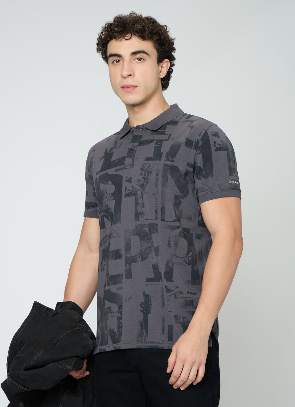 Men Grey Printed Polo Collar T-shirt, , large image number 0