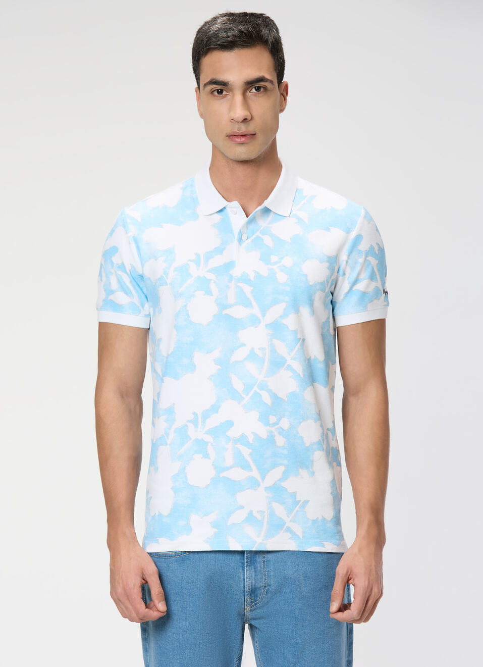 Men Sky Blue Printed Polo Collar T-shirt, , large image number 1
