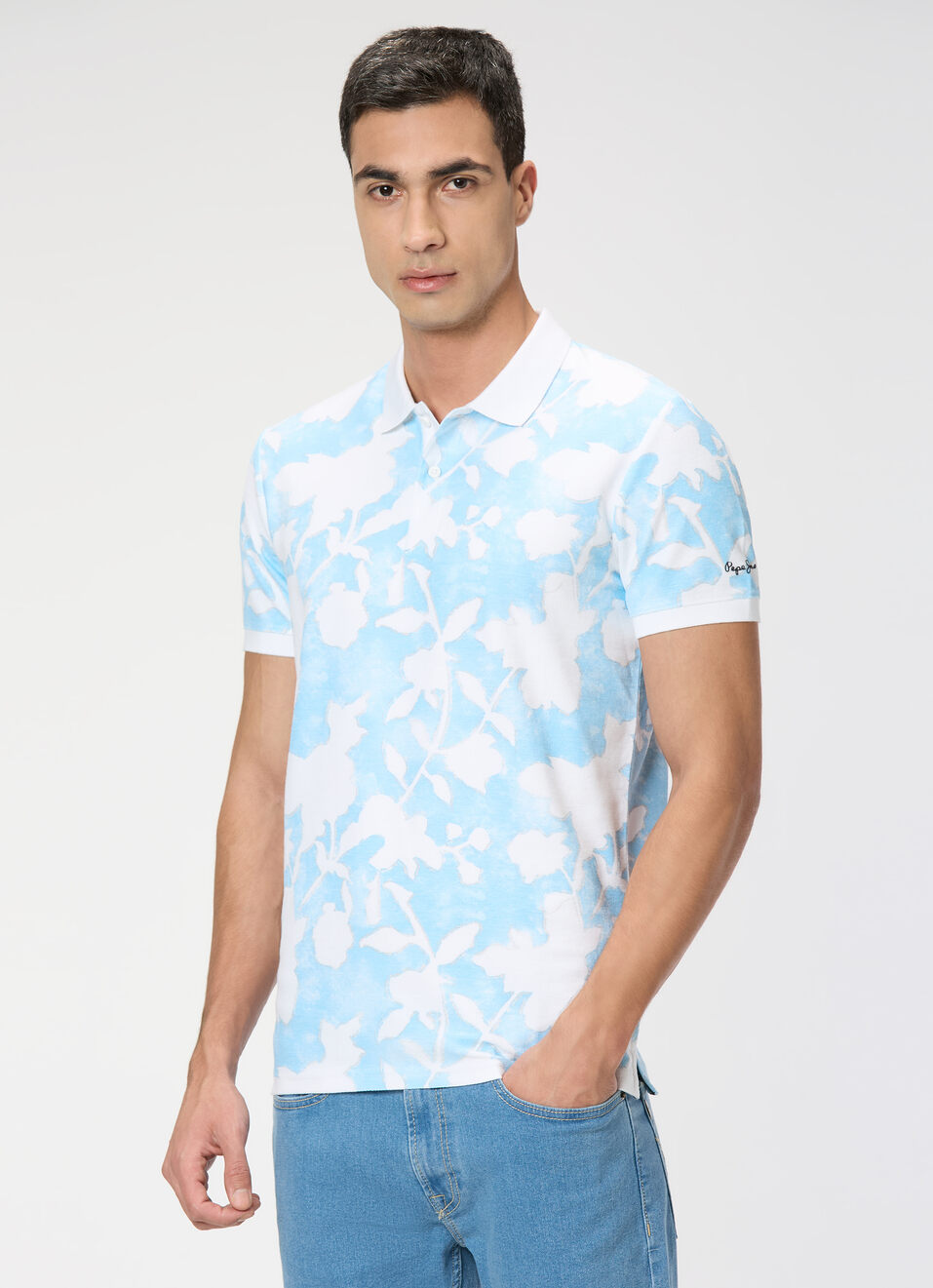 Men Sky Blue Printed Polo Collar T-shirt, , large image number 3