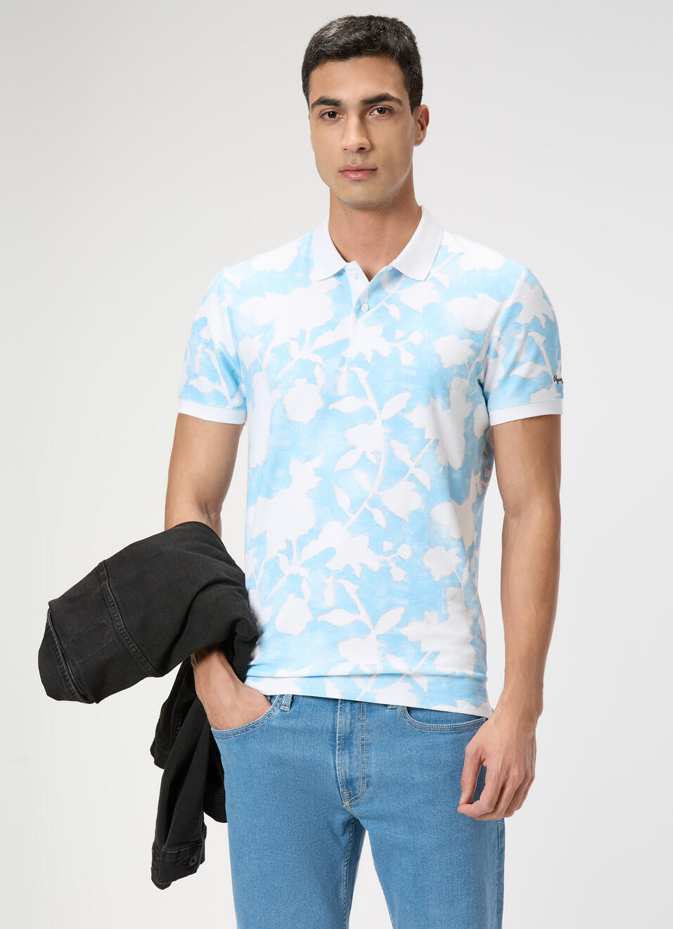 Men Sky Blue Printed Polo Collar T-shirt, , large image number 0