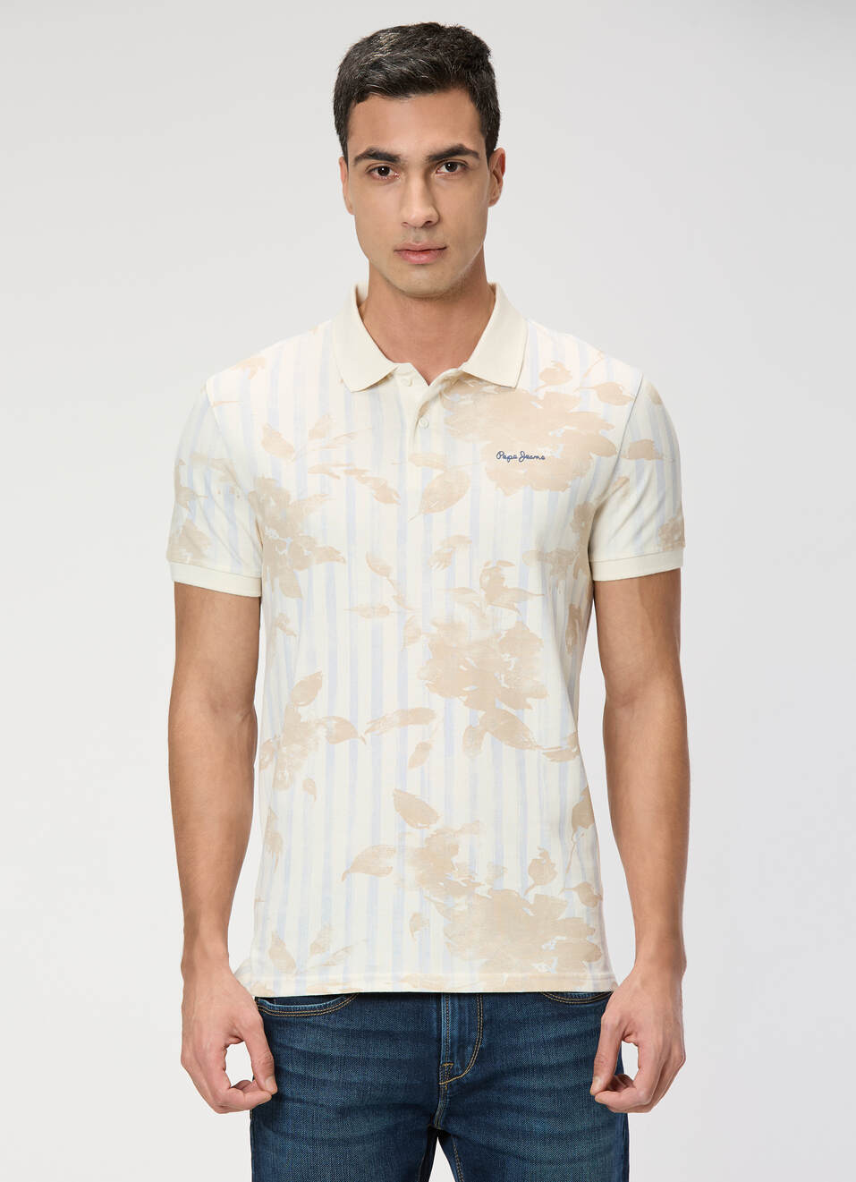 Men Ivory White Printed Polo Collar T-shirt, , large image number 1