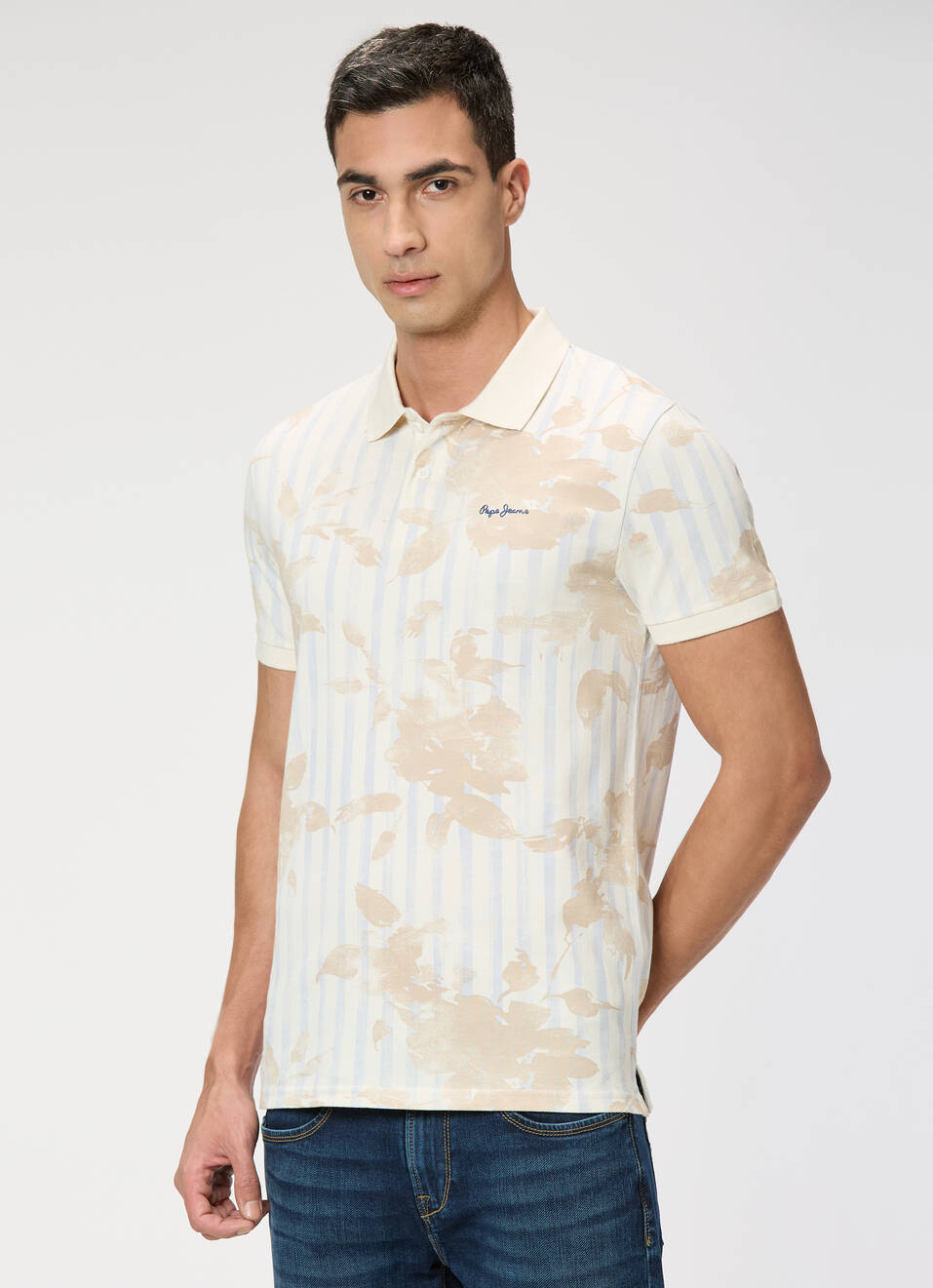 Men Ivory White Printed Polo Collar T-shirt, , large image number 3