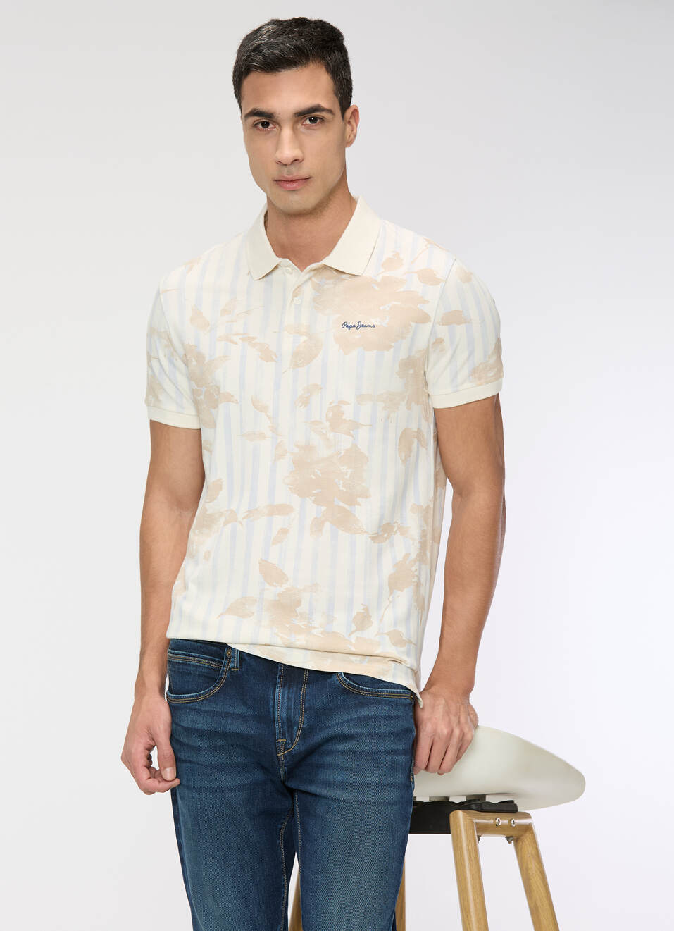 Men Ivory White Printed Polo Collar T-shirt, , large image number 0