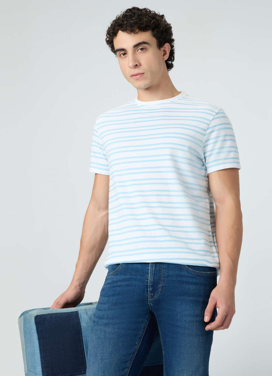 Men Sky Blue Striped Slim Fit T-shirt, , large image number 0