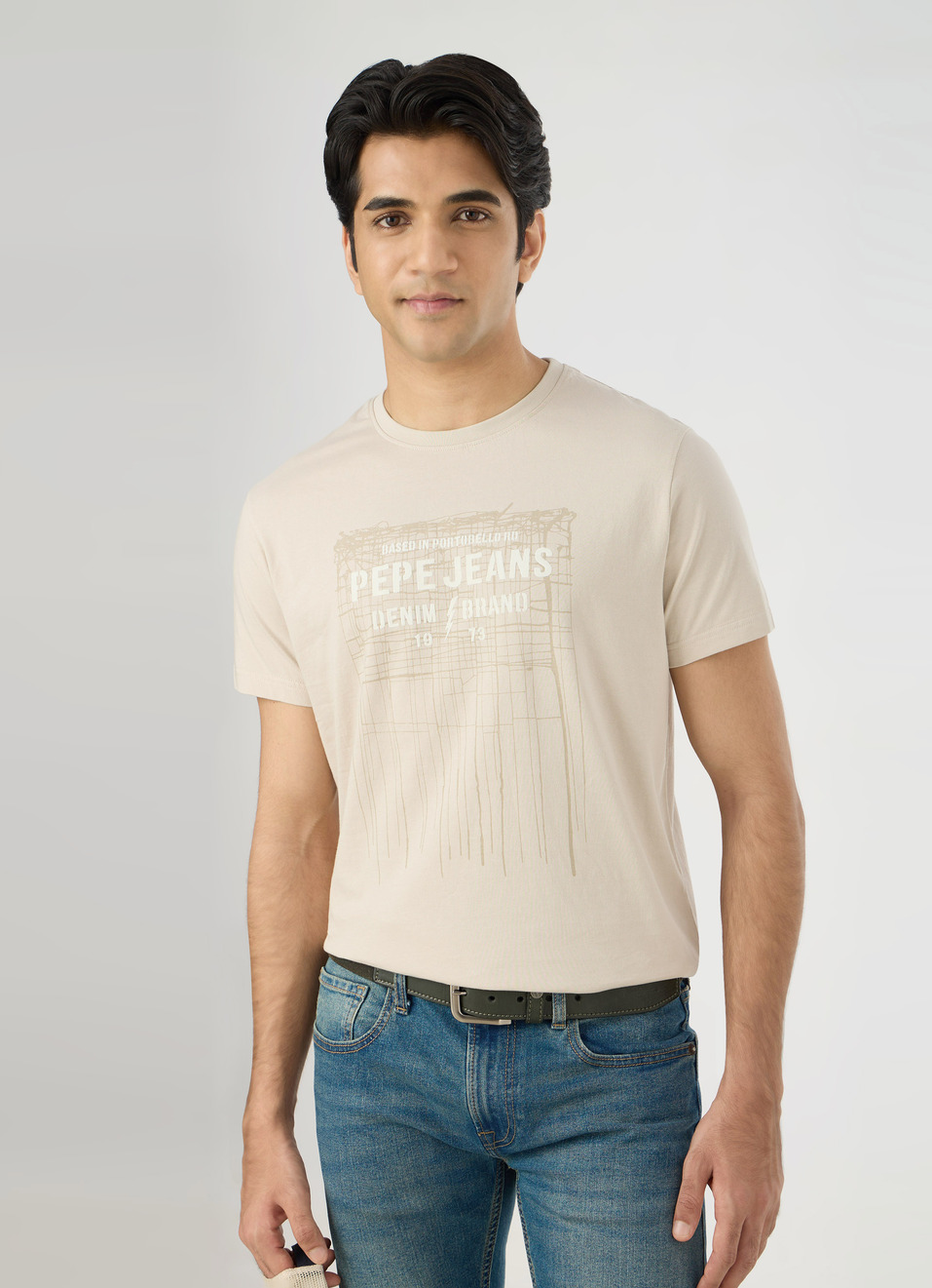 Men Light Beige Slim Graphic T-shirt, , large image number 0