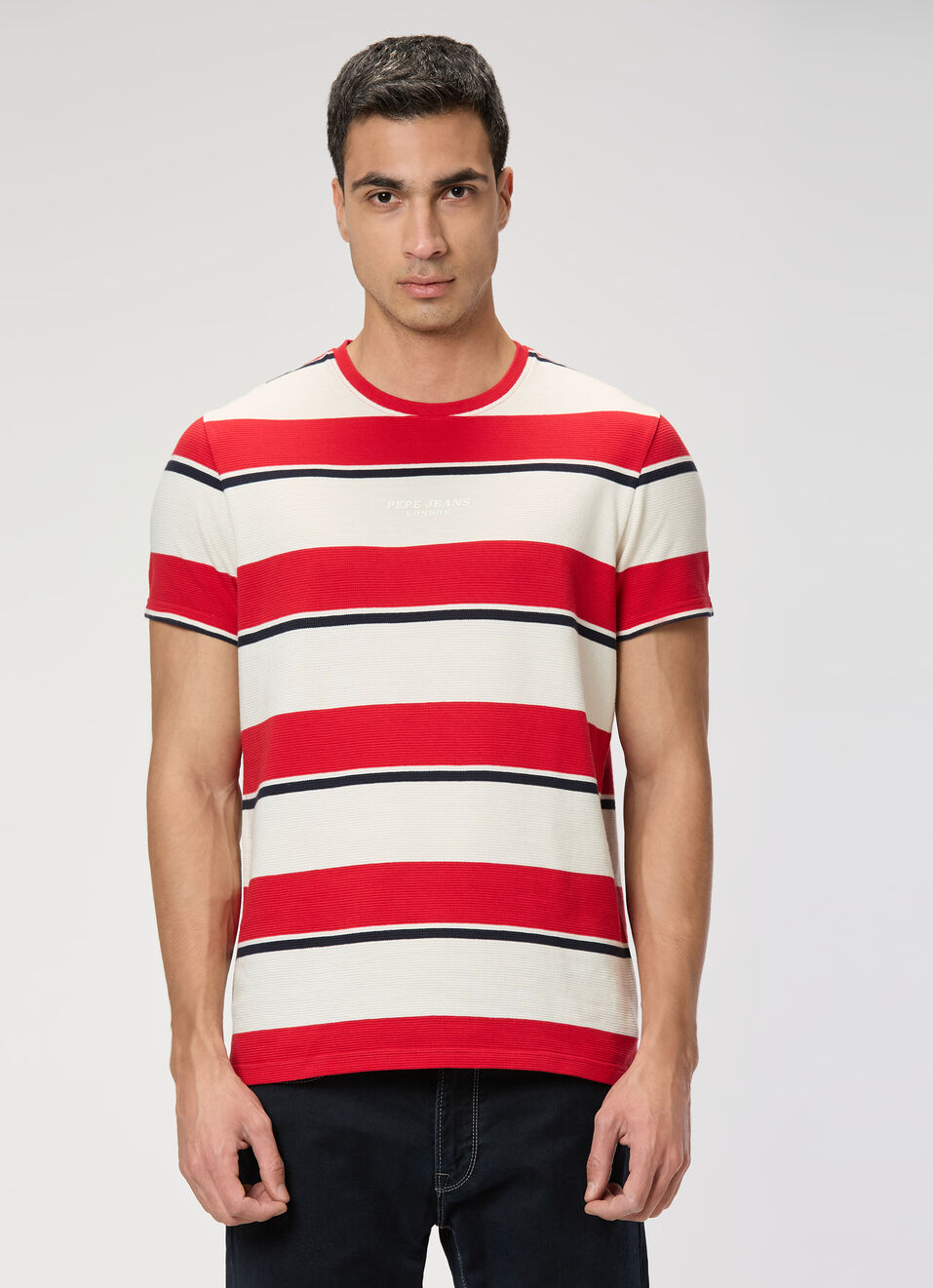 Men Summer Red Striped Slim Fit T-shirt, , large image number 1