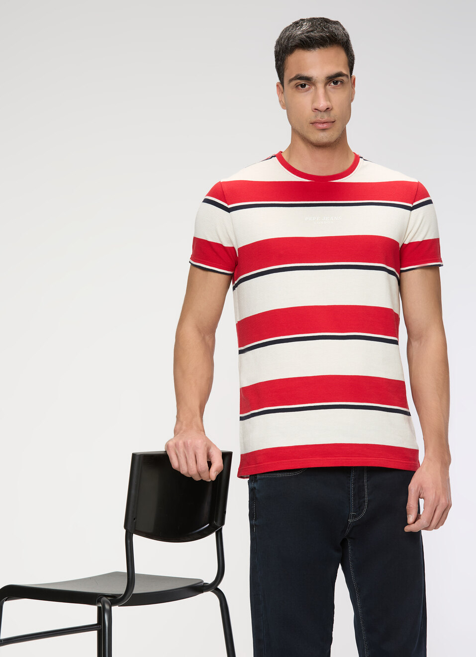 Men Summer Red Striped Slim Fit T-shirt, , large image number 0