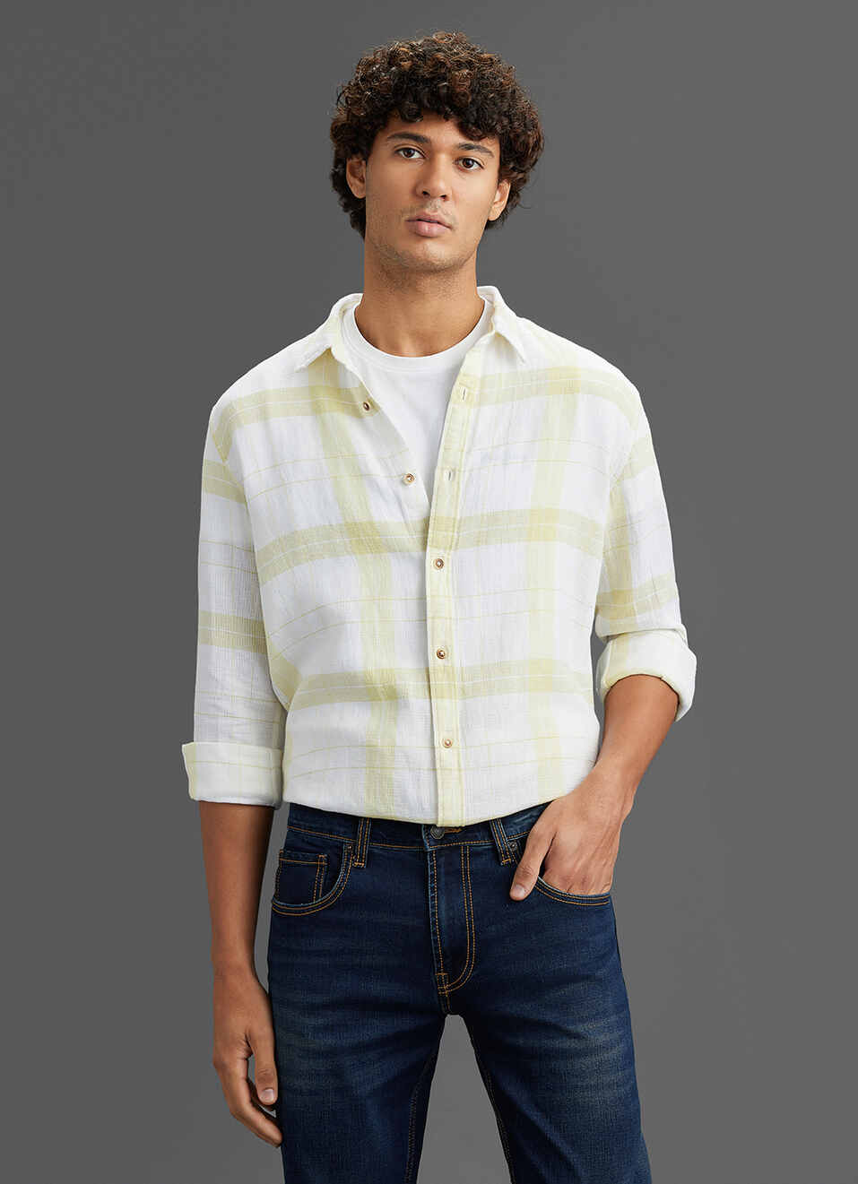 Men Yellow Checked Regular Fit Full Sleeve Casual Shirt, , large image number 5