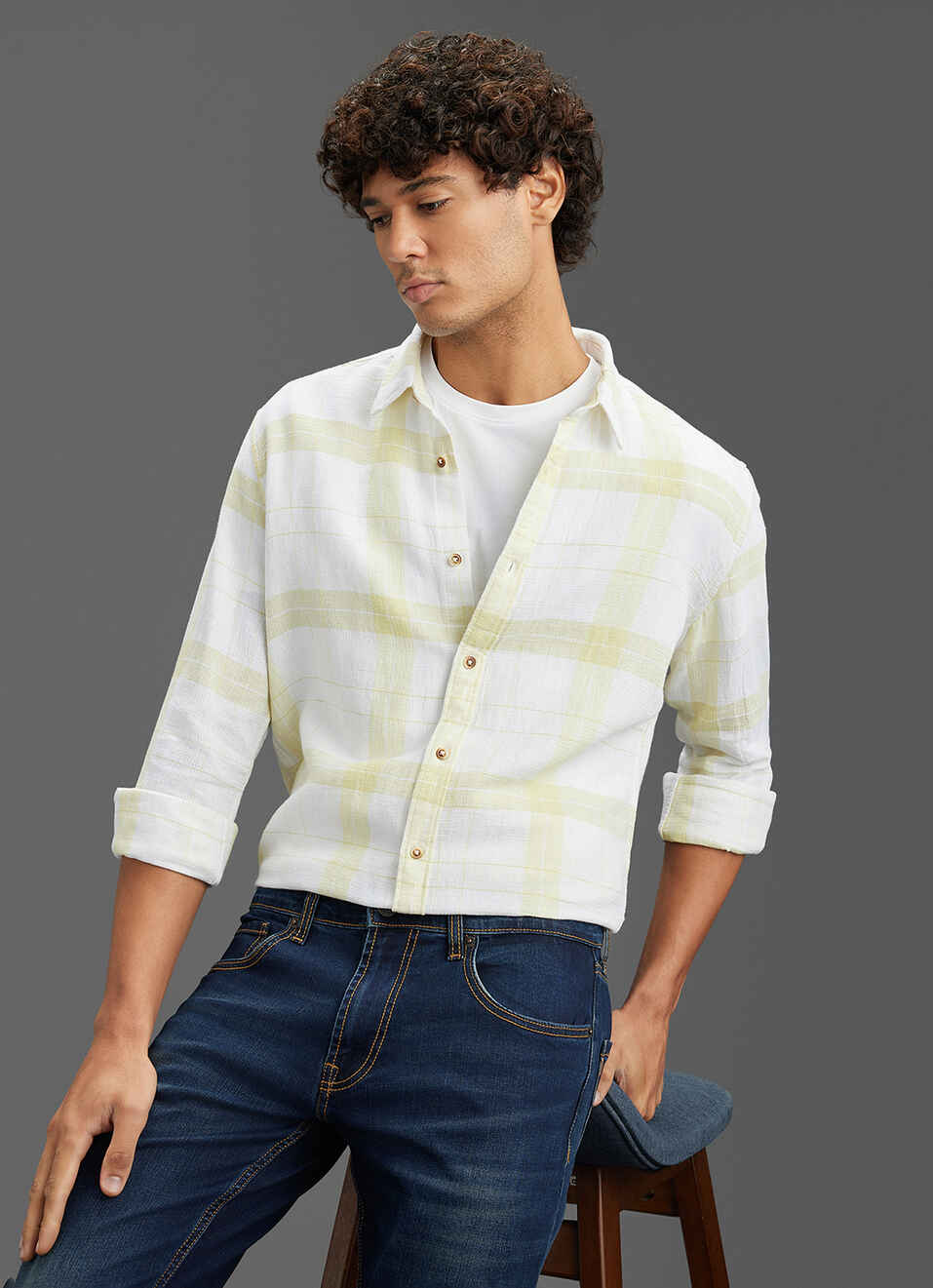 Men Yellow Checked Regular Fit Full Sleeve Casual Shirt, , large image number 0