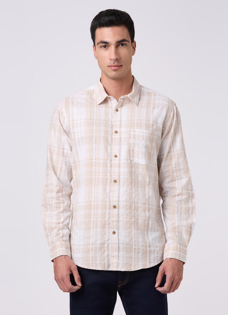 Mens Beige Checked Full Sleeves Shirt, , large image number 1