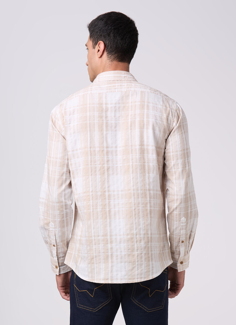 Mens Beige Checked Full Sleeves Shirt, , large image number 2