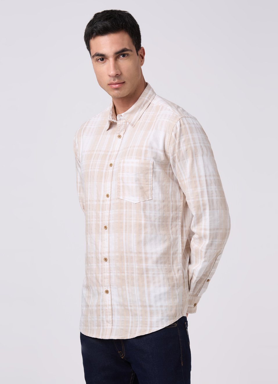 Mens Beige Checked Full Sleeves Shirt, , large image number 3