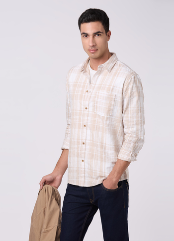 Mens Beige Checked Full Sleeves Shirt