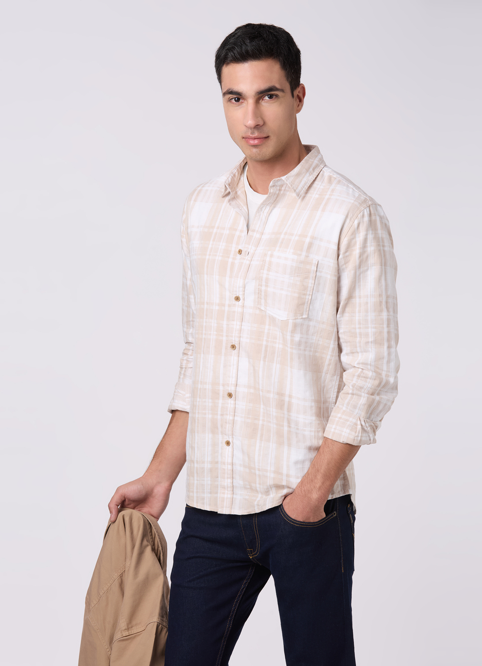 Mens Beige Checked Full Sleeves Shirt, , large image number 0