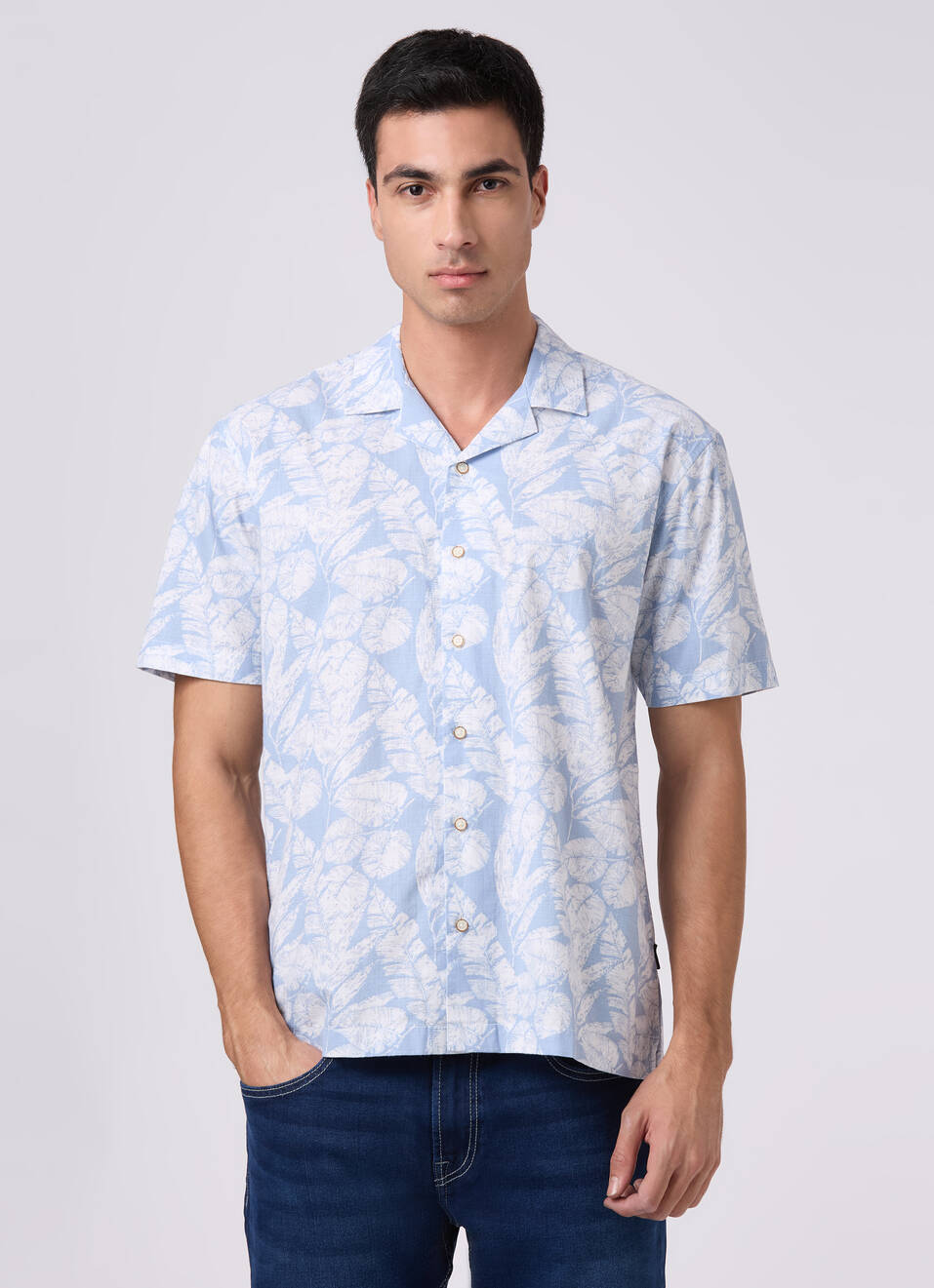 Men Sky Blue Printed Resort Collar Shirt, , large image number 1