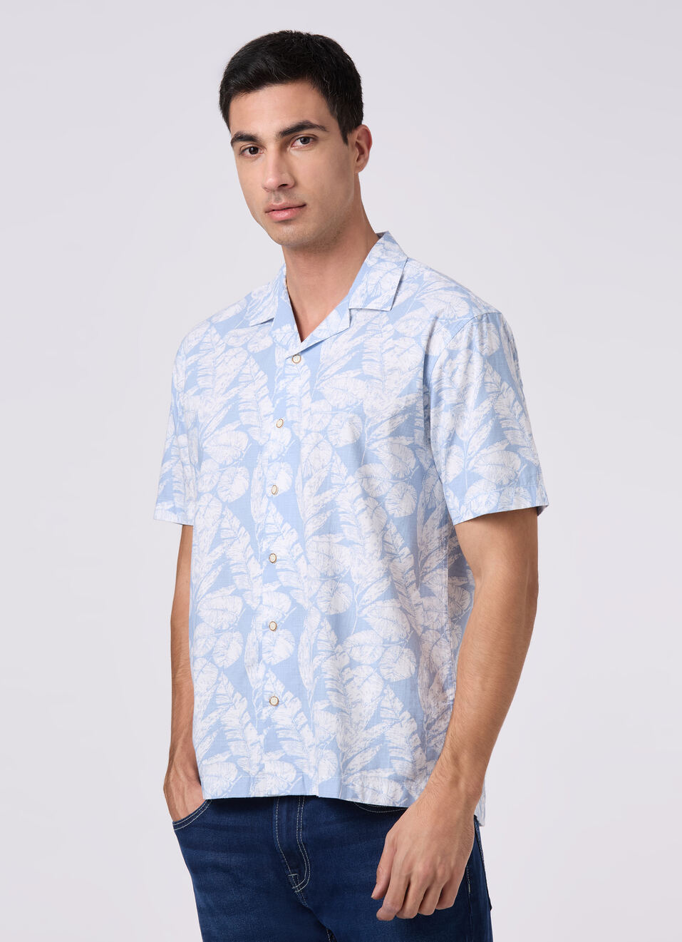 Men Sky Blue Printed Resort Collar Shirt, , large image number 3