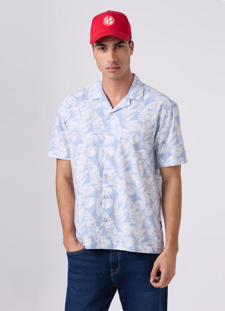 Men Sky Blue Printed Resort Collar Shirt, , large image number 0