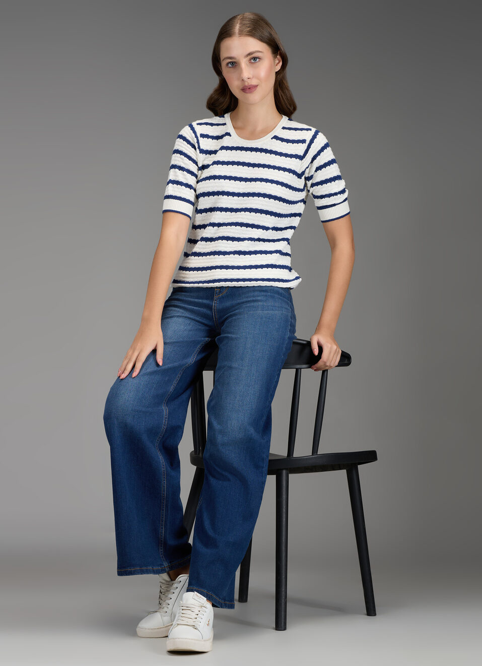 Women Blue Self Design Regular Fit Flat Knit Top, , large image number 2