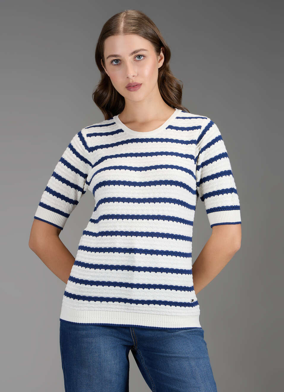 Women Blue Self Design Regular Fit Flat Knit Top, , large image number 5