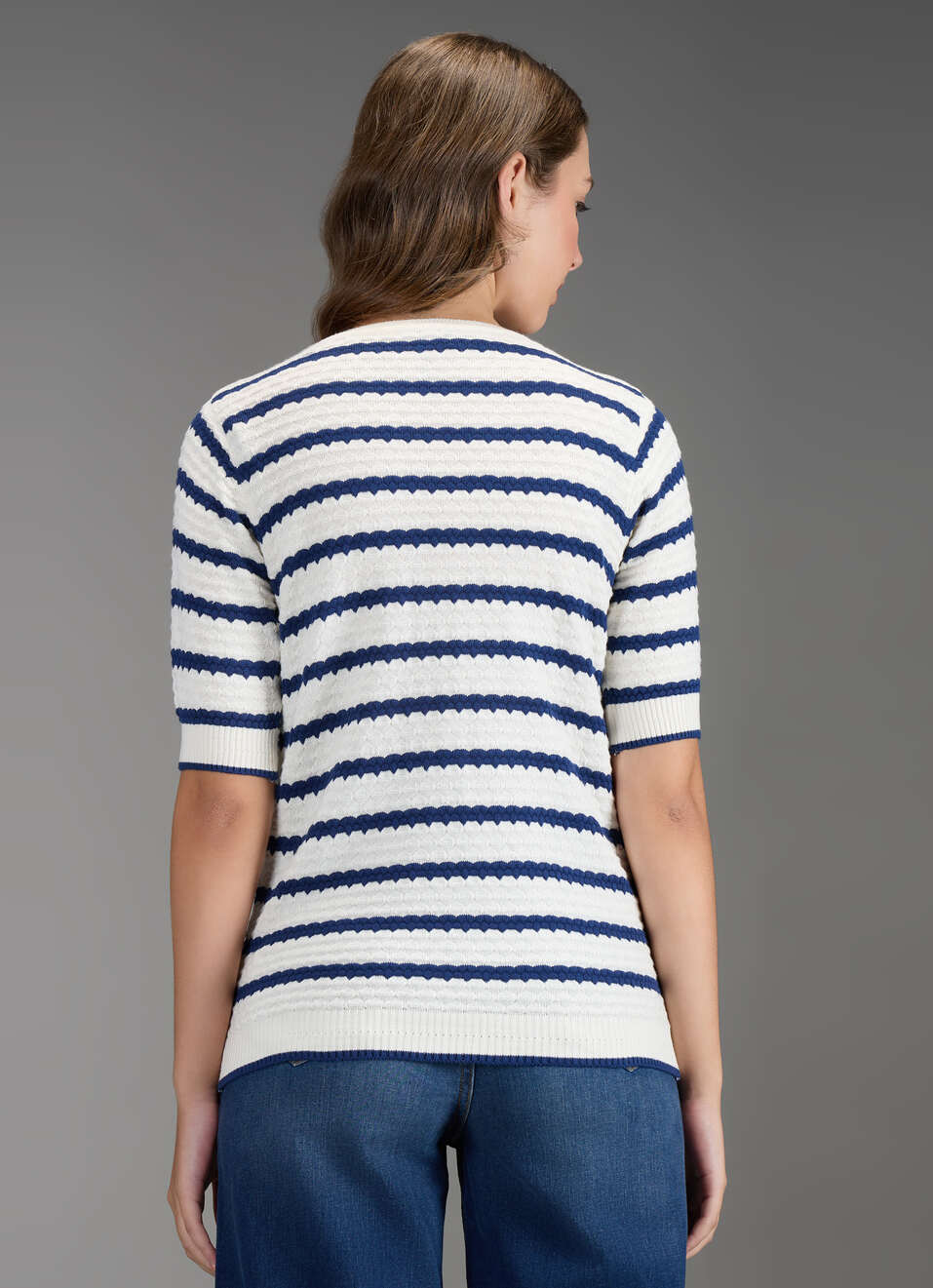 Women Blue Self Design Regular Fit Flat Knit Top, , large image number 6