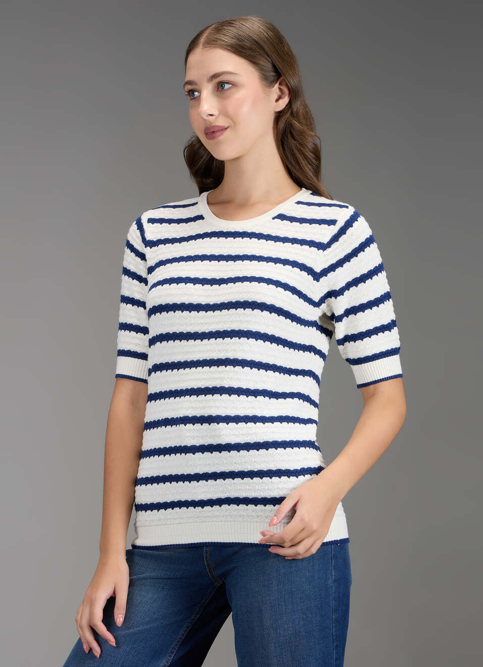 Women Blue Self Design Regular Fit Flat Knit Top, , large image number 7