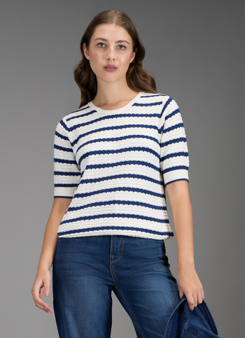 Women Blue Self Design Regular Fit Flat Knit Top
