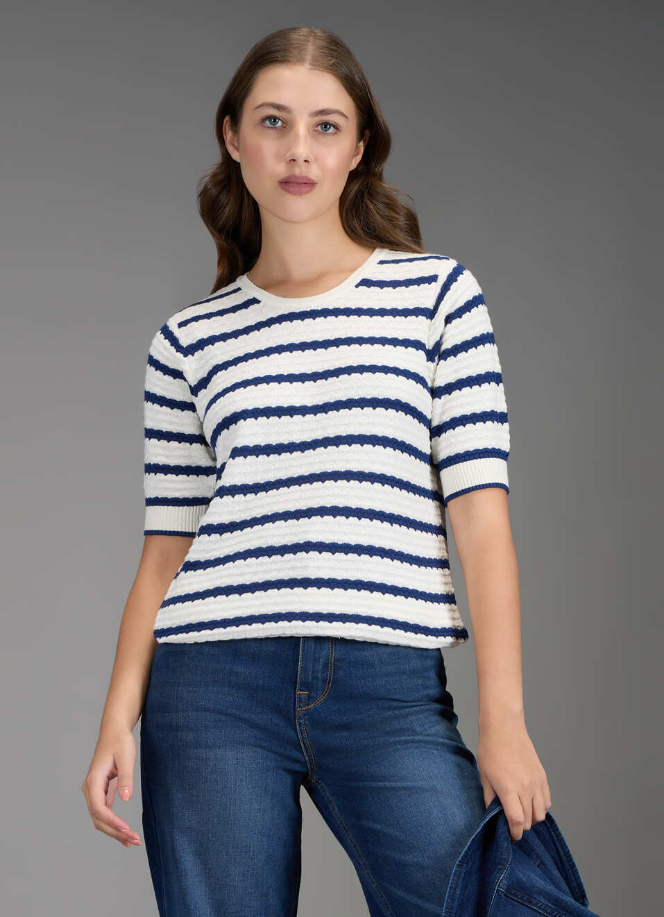 Women Blue Self Design Regular Fit Flat Knit Top, , large image number 0