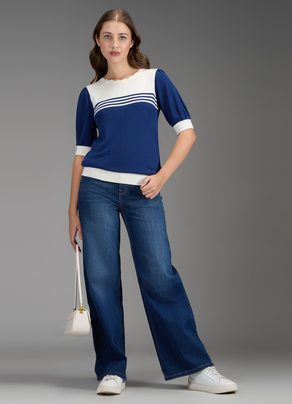 Women Blue Self Design Regular Fit Flat Knit Top, , large image number 2