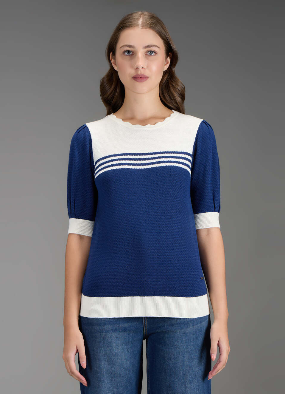 Women Blue Self Design Regular Fit Flat Knit Top, , large image number 5