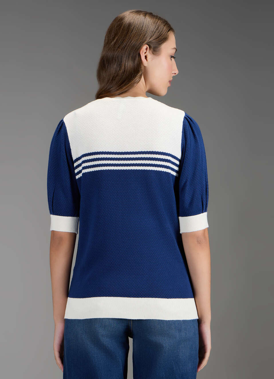 Women Blue Self Design Regular Fit Flat Knit Top, , large image number 6